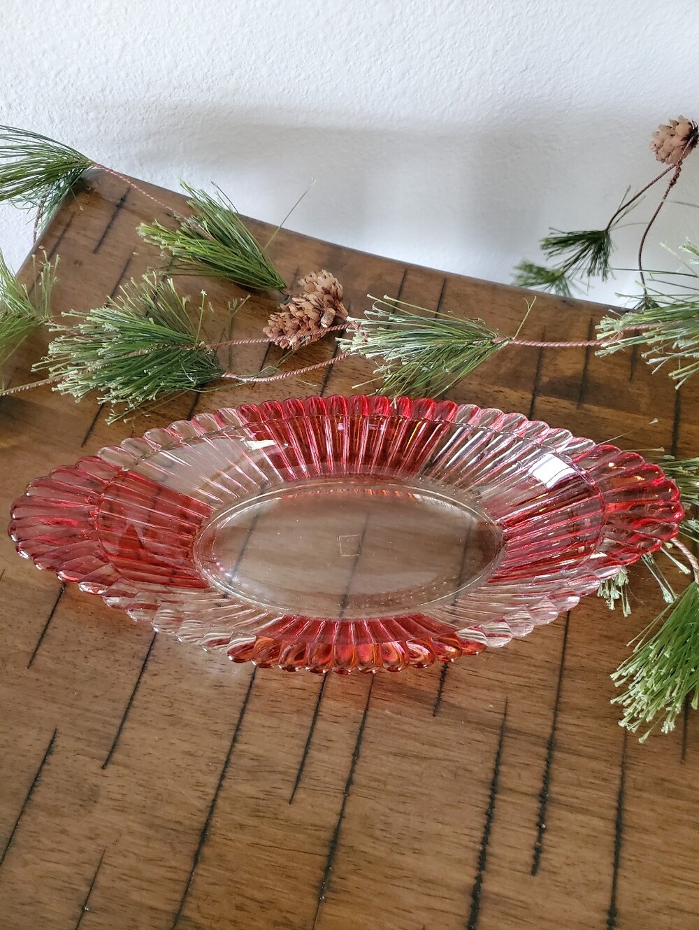 MCM Jeannette Glass Ruby Cranberry Flash Ribbed Oval Candy Dish